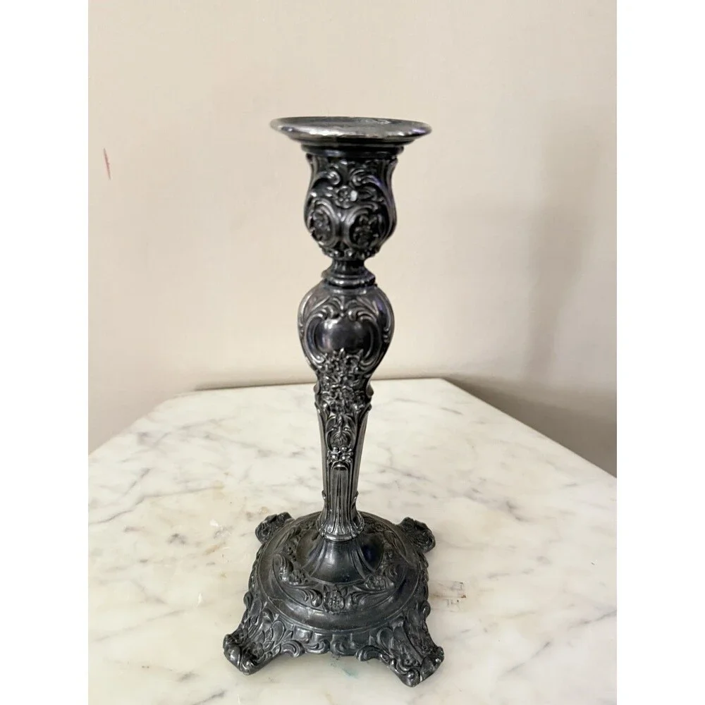 Vintage Victorian Rose WM Rogers & Son Silver Plated Candlestick 9” Heavy